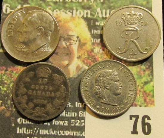 1994 P Roosevelt Dime misstrike Mint error 20% off-center at K2; 1904 Canada Sterling Silver Dime; 1
