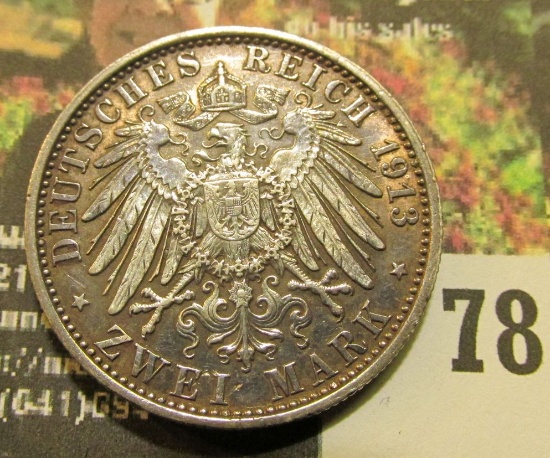1913 A Prussia, Germany Silver Two Mark with Crowned Eagle Crest and portraying Willhelm II. A very