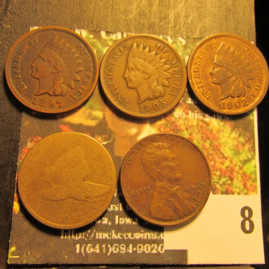 1857 Flying Eagle Cent, AG; 1897, 1902, & 1905 Indian Cents Fine-VF; & 1940 D Lincoln Cent, VF.