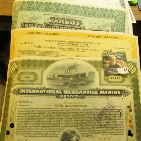 (5) Different Stock Certificates including one from DeBeers.