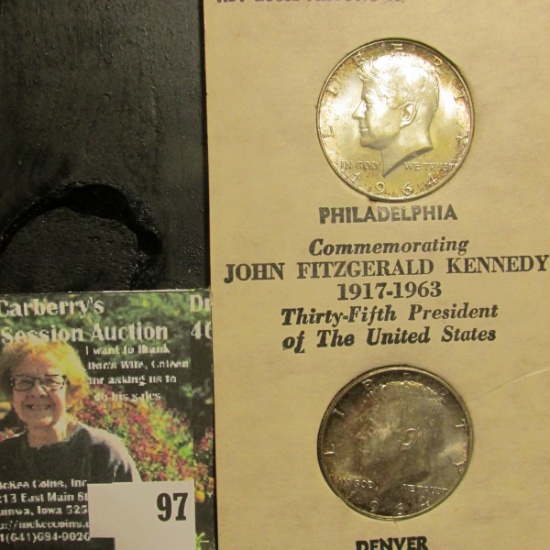 Tidy House Advertising Holder with a pair of 1964 D Kennedy 90% Silver Half Dollars. Wonderful tonin