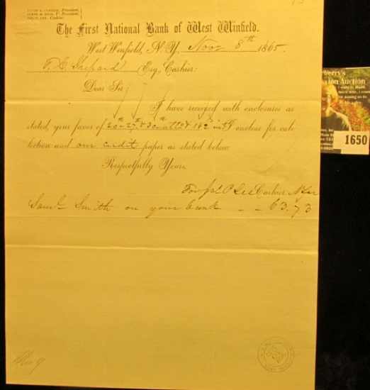 1650 . Civil War Letter on Letterhead from the "The First National