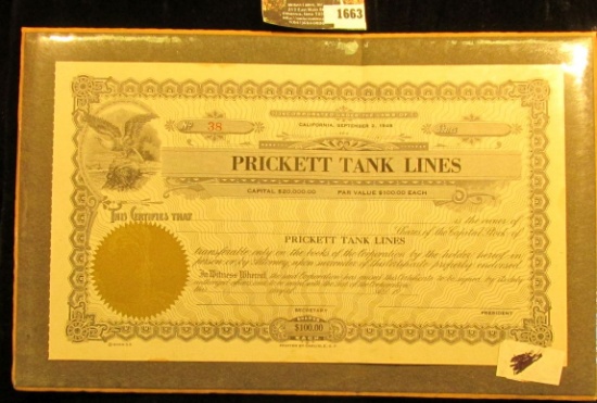 1663 . No. 38 Stock Certificate "Pricket Tank Lines" appears uniss
