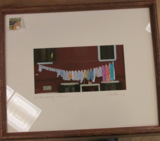 "Calle Frana, Laundry in Burano", signed, matted, framed, and autographed Print. 17" x 21".