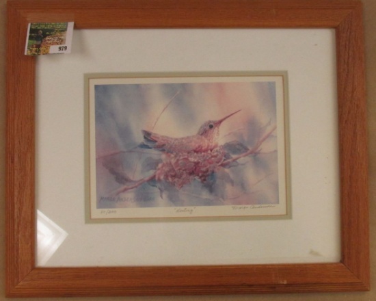 1988 "Nesting", signed by Marge Anderson, matted, framed Water color Print of Hummingbird on a nest.
