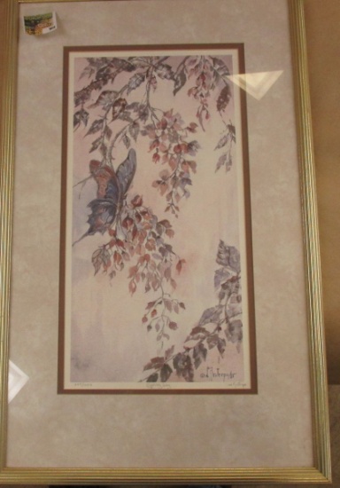 17" x 27" "Spring Joy", signed by L. Ristripo, matted and framed. 205/1000. Butterfly with leaves.