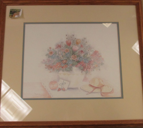 23" x 20" "Floral Display with Hat", signed by M. Bertrand, matted and framed. 1136/2900.