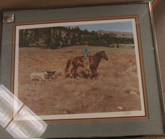 27 1/2" x 23" "Rider on horse with Trailing Dogs", signed by Paul Calle, matted and framed, #315/950