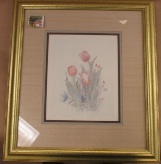 19" x 20" "Tulips with Blue Bells", signed by M. Bertrand, matted and framed, Artist Print #AP211/30