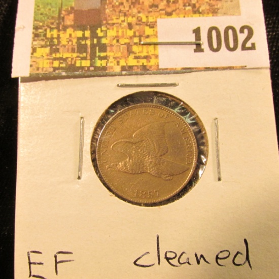 1002 .   1857 Flying Eagle Cent, EF, Cleaned.