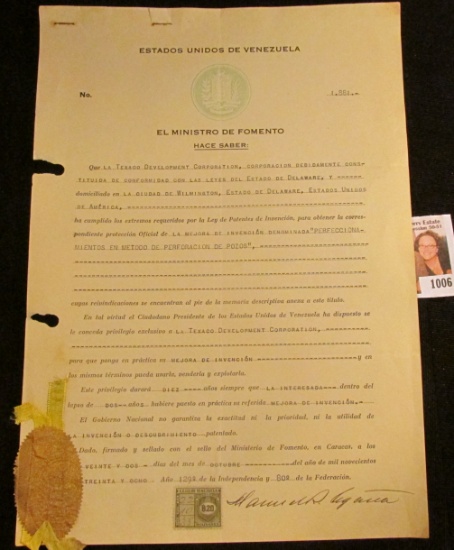 Estados Unidos De Venezuela El Ministro de Fomento… 1942 Patent issued to Texaco Development Corpora