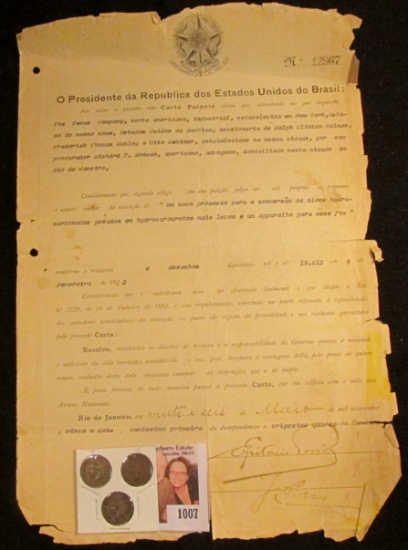 1922 Patent issued to "The Texas Company…" "O Presidente da Republica dos Estados Unidos do Brasil…"