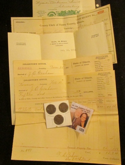 (4) 1906-1933 "Collector's Office" Coorespondence from Illinois; pair of early 1900 invoices from "T