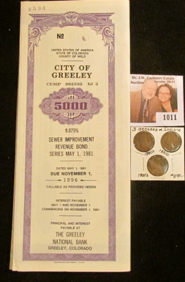 City of Greeley $5000 Sewer Improvement Revenue Bond Series May 1, 1981 and due in 1996, Principal a