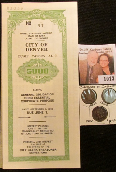 City of Denver (Iowa) $5000 General Obligation Bond Series September 1, 1980 and due commencing in 1