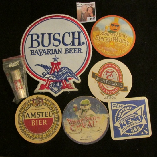 Large Embroidered "Busch Bavarian Beer" Cloth patch; (5) Different Advertising Coasters; & a "Miller