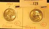 1963 P & D Washington Quarters, both Brilliant Uncirculated and in carded holders.