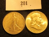 1946 P EF Walking Liberty Half Dollar & 1957 P Uncirculated Franklin Half Dollar.