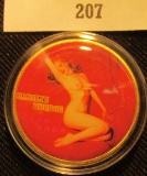 39mm Marilyn Monroe Gold-plated medal, one side enameled with nude with red background, other side g