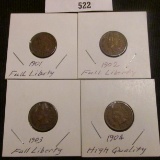 (4) High Quality Indian Head Cents, 1901, 02, 03, & 04.  All carded.