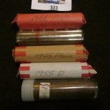 1941 D, 44 P (Shell-case copper), 45 P, 47 D, & 55 D Solid date rolls of Lincoln Cents.