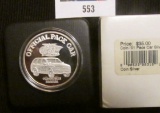 May 27, 2001 Official Pace Car Oldsmobole Bravada One Ounce Proof .9999 fine Silver Medallion in ori