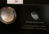 2014 P Baseball Hall of Fame Commemorative .900 fine Silver Dollar, Brilliant Uncirculated and in or