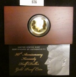 1964-2014 W United States Mint 50th Anniversary Kennedy Half-Dollar Gold Proof Coin in original wood