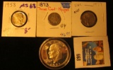 1873 U.S. Three Cent Nickel, G; 1958 P BU & 77 P BU Jefferson Nickels; & 1971 S Silver Proof Eisenho