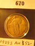 1929 S Standing Liberty Quarter, AU. hints of light original toning. Stored in a Snaptight Case.