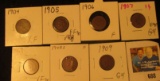 1904, 05, 06, 07, 08, 08 S, & 09 U.S, Indian Head Cents, Grades up to VF. Definitely a nice grouping