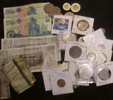 An interesting accumulation of Mexican Coins and currency including an 1887 Silver 25 Centavos, Silv