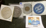 Exonumia Coin Lot Includes Roosevelt Savings Bank Encased Cent, Oshkosh Casual Slacks & Jeans Medal,