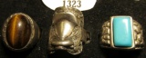 (3) Western or Indian Style Silver Men's Rings. Includes Turquoise or Tiger Eye. (3 x the money)