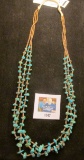 Three Strand Necklace with Morenci Turquoise and brown Hishi Beads. According to 'Doc's notes it was