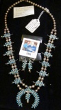 Cased Set of Earring and Zuni Squash Blossom Necklace by Lee A. Yazzie and Mary Marie Yazzie, Turquo