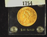 1881 P Ten Dollar Gold Liberty in a black Capital holder with gold lettering, EF 40