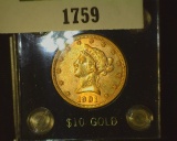 1901 P Ten Dollar Gold Liberty in a black Capital holder with gold lettering, AU 55