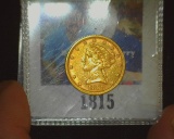 1885 P Gold Liberty Head Half Eagle Five Dollar Coin, EF.