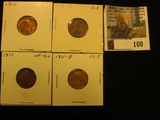 1910 P VF, 10 S Very Good, 11P VF, & 11D VG Lincoln Cents.