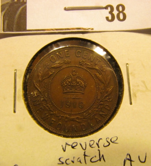 1919C Newfoundland One Cent, AU, with reverse scratch.