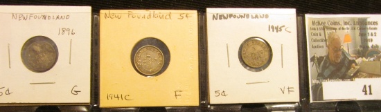 Lot of Newfoundland Five Cents: 1896 Good, 1941C Fine, & 1945C VF.