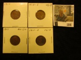 1910 P VF, 10 S Very Good, 11P AU, & 11D VG Lincoln Cents.