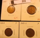 1916 S Fine, 1917 P VG/F, 1917 D Fine, & 17 S Fine Lincoln Cents. (4 pcs.)
