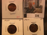 1920 P EF, 20 S VF, & 21 S VF Lincoln Cents.