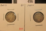 1905 O & S Barber Dimes, both Good.