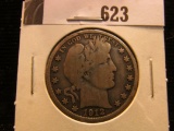 1912 D Barber Half Dollar, Very Good,