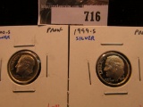 1999 S & 2000 S Proof 90% Silver Roosevelt Dimes.