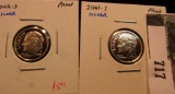 2001 S & 2002 S Proof 90% Silver Roosevelt Dimes.