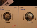 2006 S & 2007 S Proof 90% Silver Roosevelt Dimes.